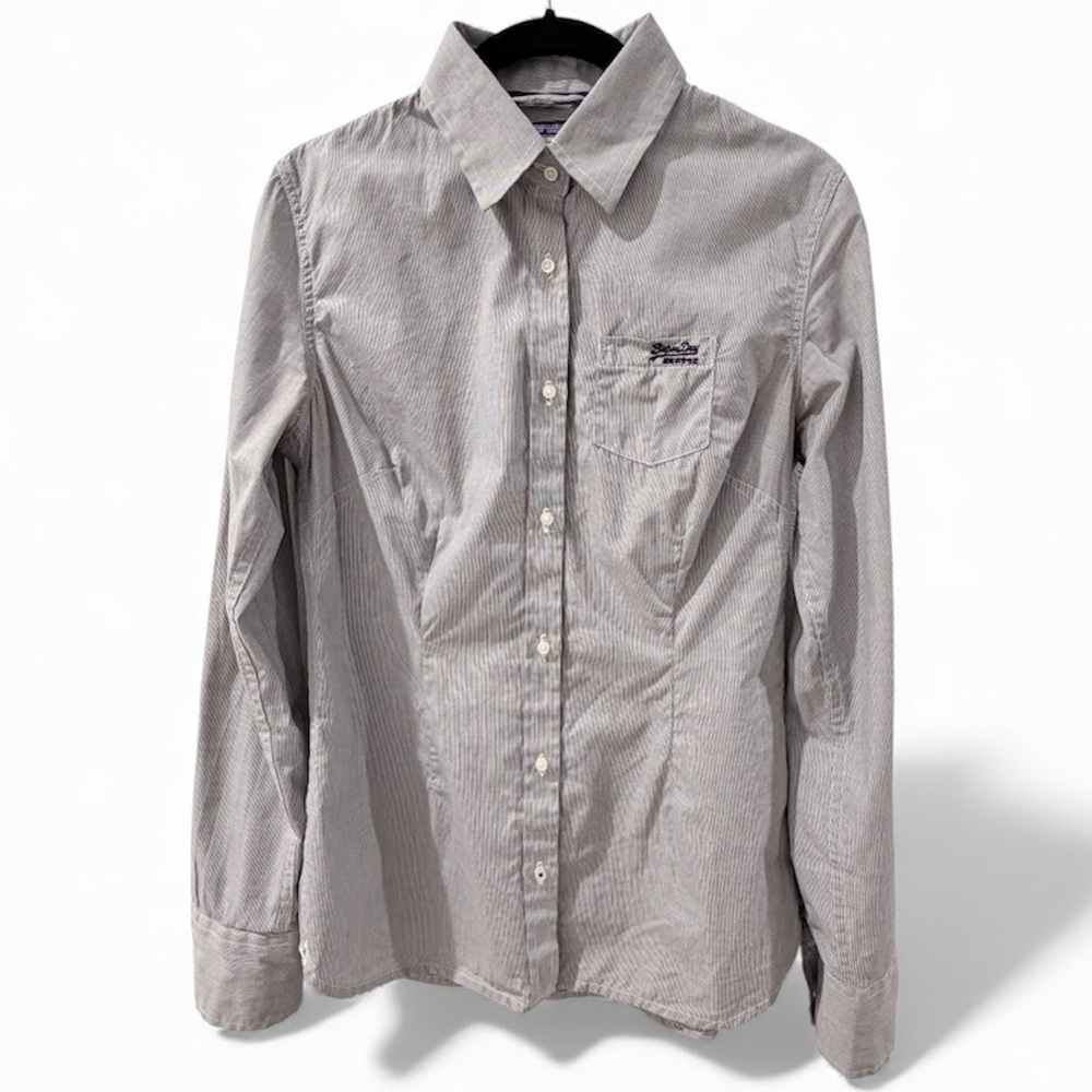 SuperDry unisex long sleeve button down collar micro gingham gray blouse